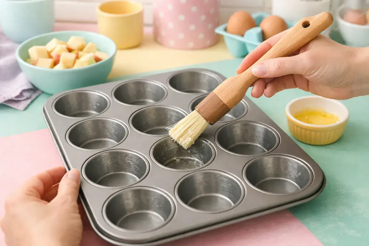 Step 1: A 12-cup muffin tin being greased with a pastry brush on a pastel kitchen counter