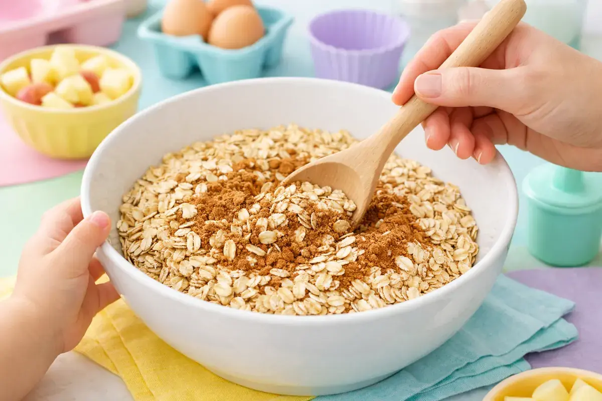Step 2: Rolled oats and ground cinnamon being stirred together in a large mixing bowl