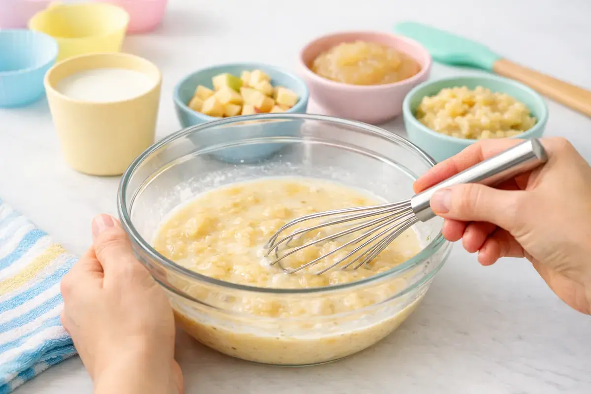 Step 3: Milk, an egg, applesauce and mashed banana being whisked together in a bowl