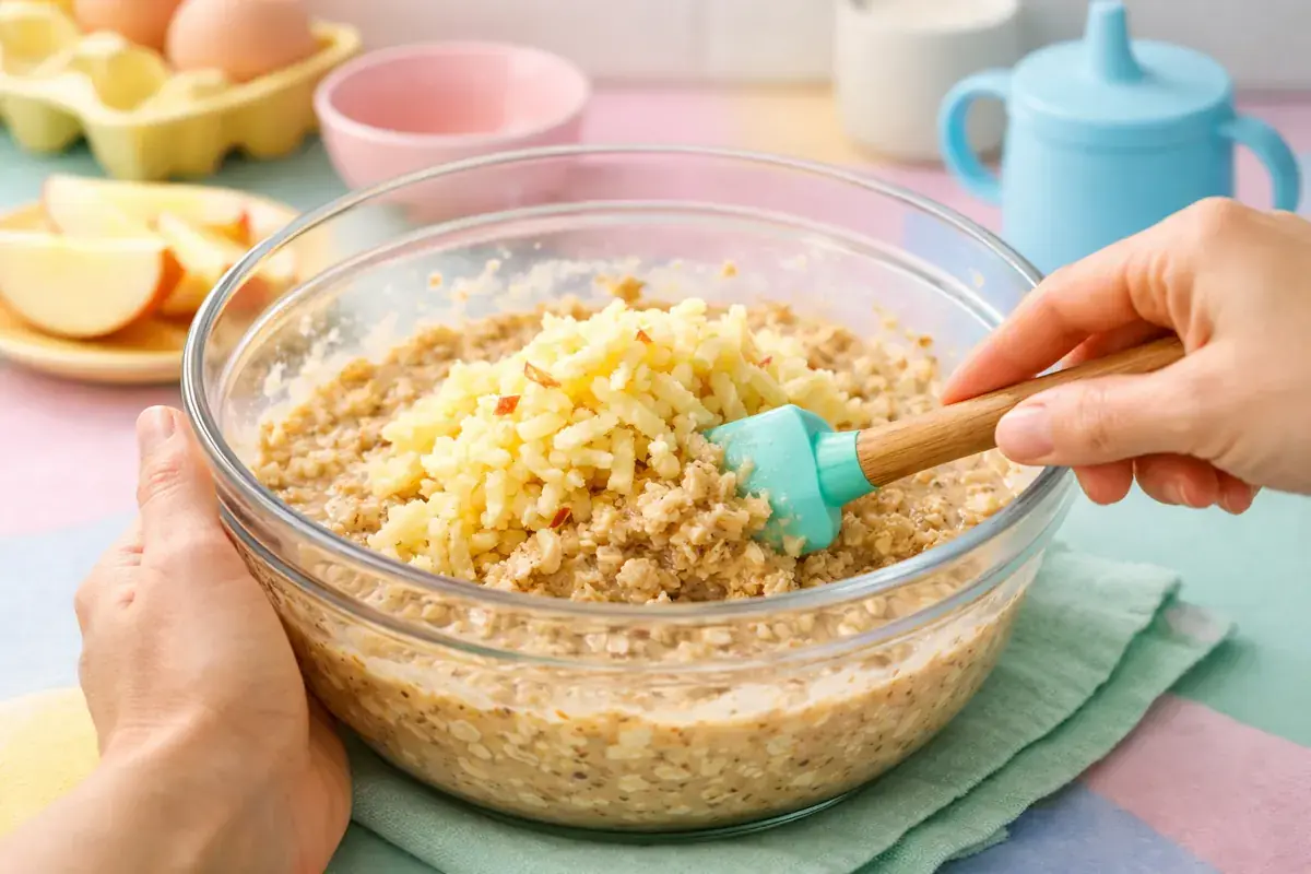 Step 4: Finely grated apple being folded into a wet oat mixture in a mixing bowl with a spatula