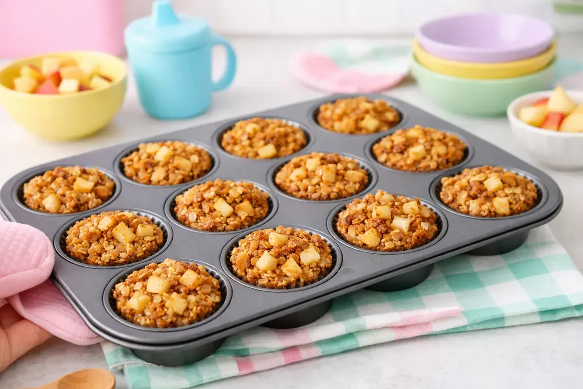 Step 5: Golden baked apple cinnamon oatmeal cups in a muffin tin fresh from the oven