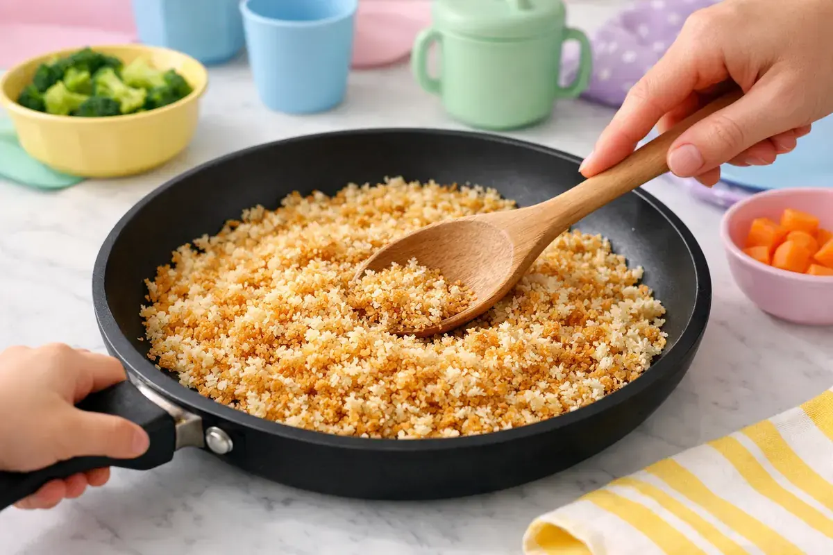 Step 1: Panko breadcrumbs being toasted golden in a skillet with a wooden spoon