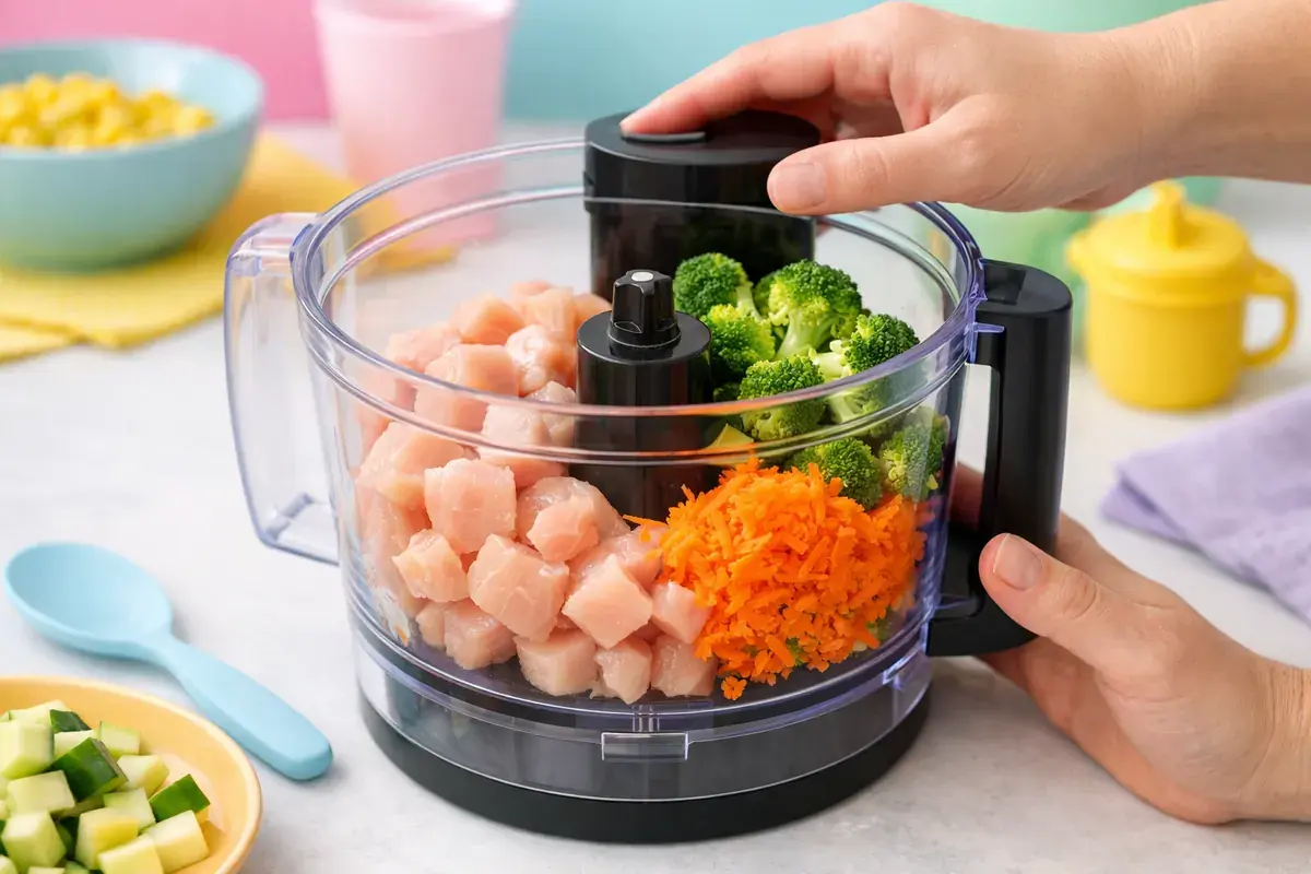 Step 2: Cubed chicken, broccoli florets and grated carrot inside a food processor bowl