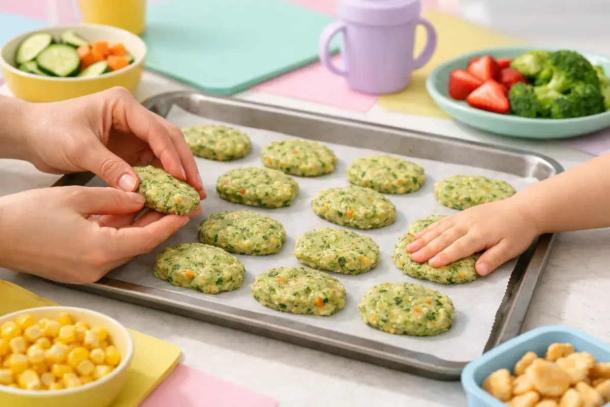 Step 3: Flat nugget shapes of green flecked chicken mixture being formed by hand on a tray
