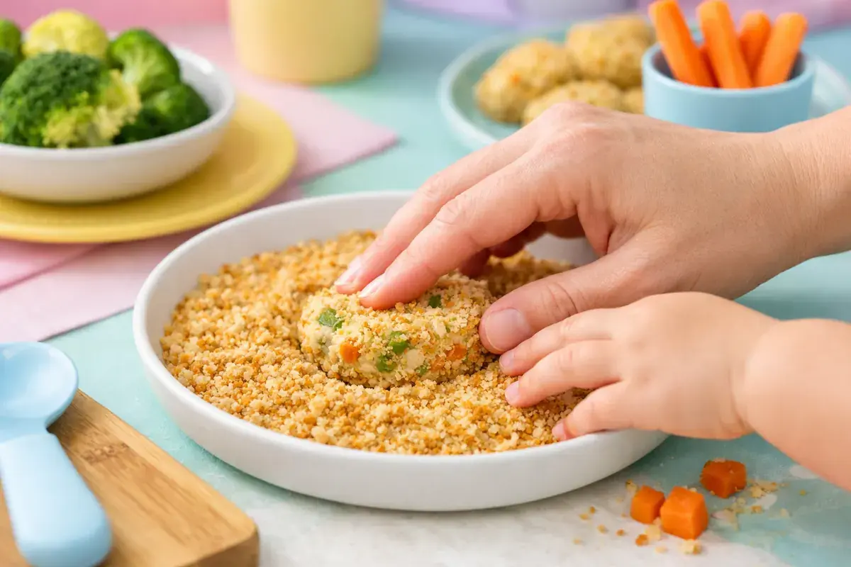 Step 4: A chicken veggie nugget being pressed into a shallow dish of golden toasted breadcrumbs