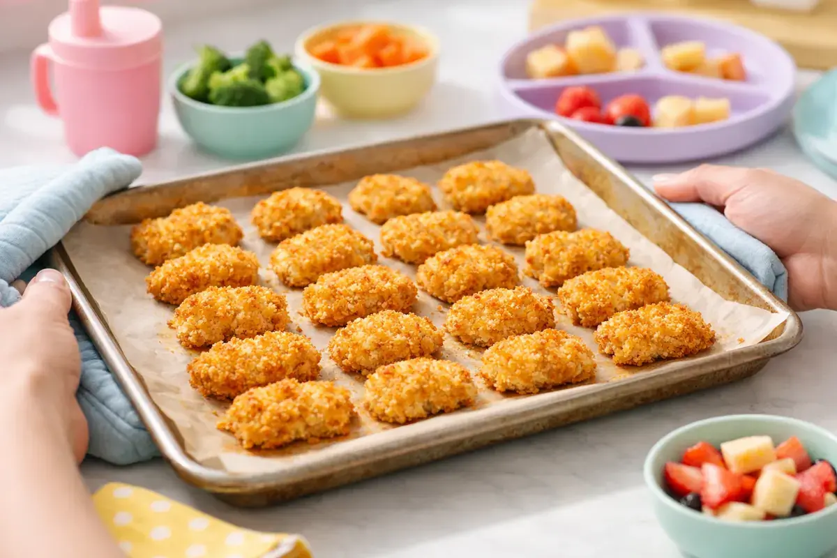 Step 5: Rows of crispy golden breaded chicken nuggets on a parchment lined baking sheet out of the oven