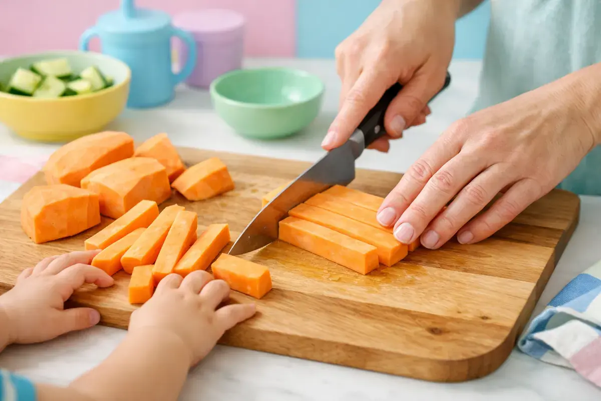 Step 1: Peeled orange sweet potatoes being cut into thick fry-shaped sticks on a wooden cutting board