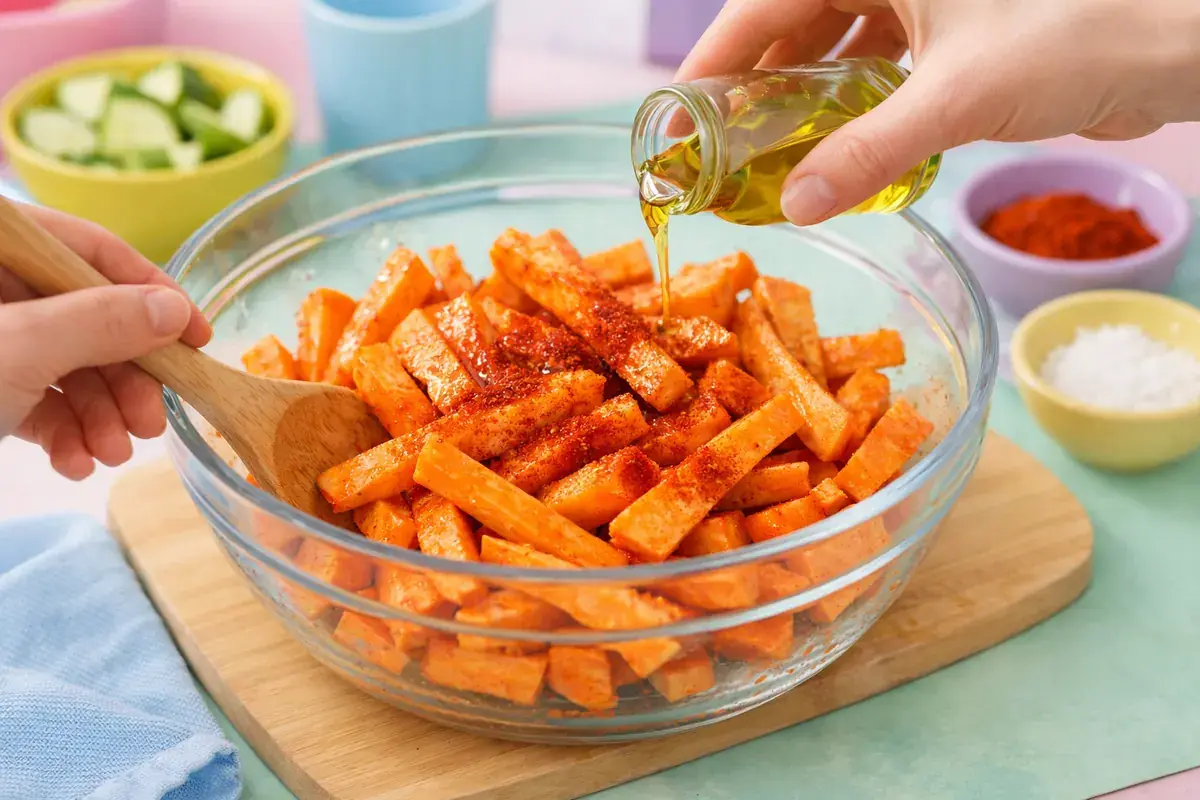 Step 2: Raw sweet potato fries being tossed with olive oil and paprika in a large bowl