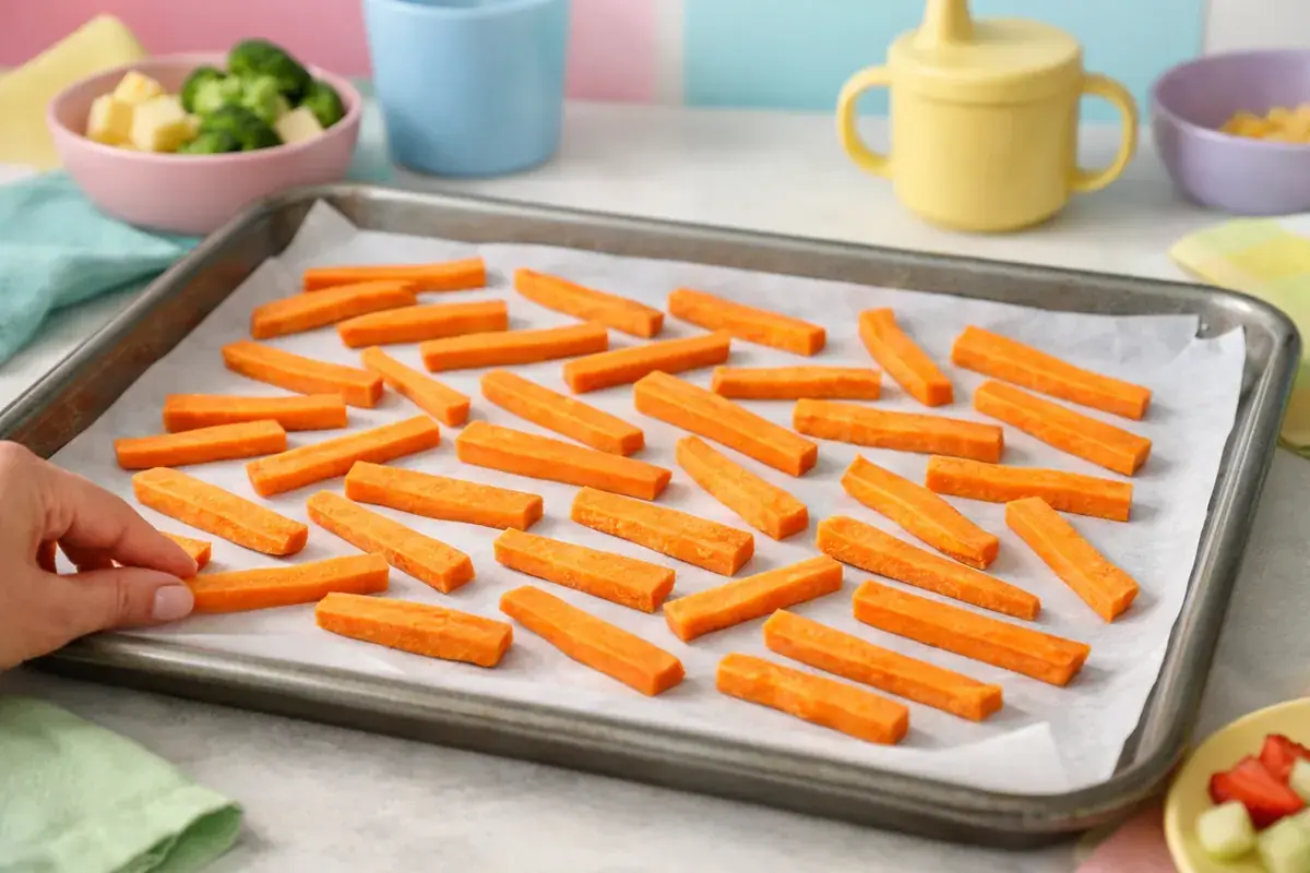 Step 3: Raw sweet potato fries spread in a single layer with space between them on a parchment-lined tray