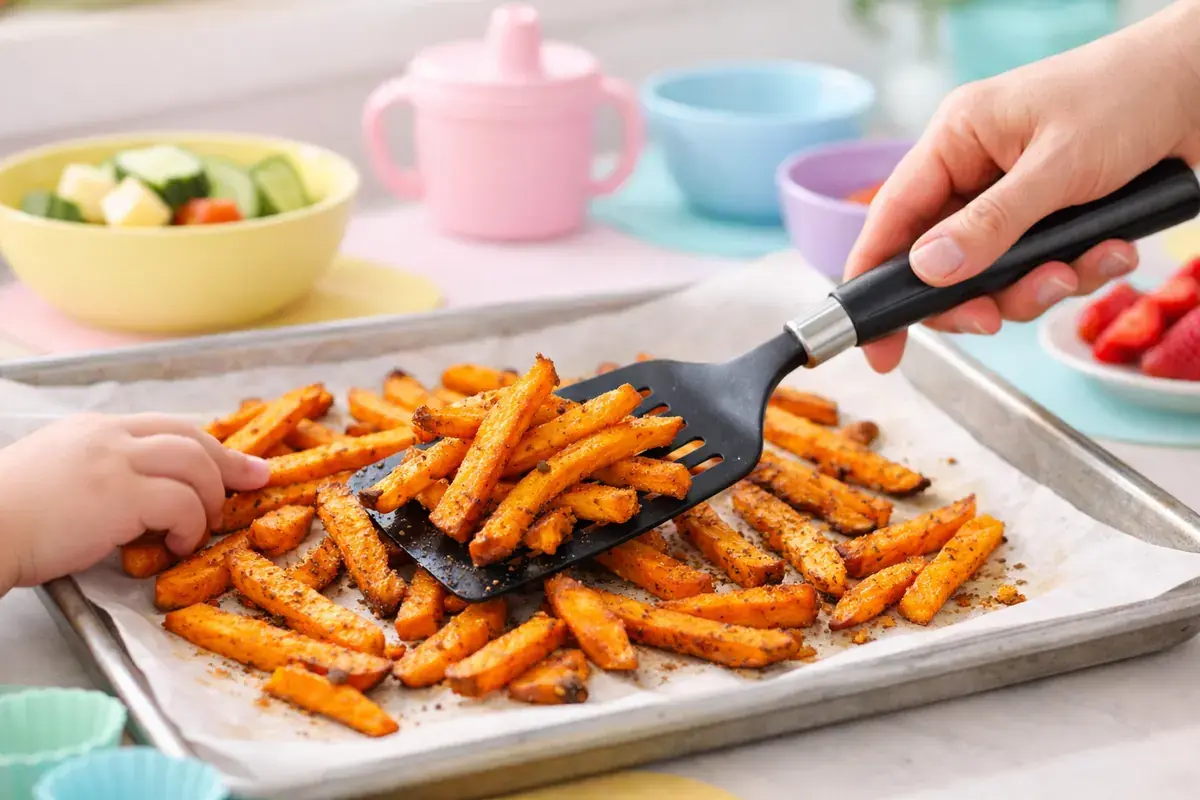Step 4: Golden baked sweet potato fries on a parchment-lined tray being flipped with a spatula