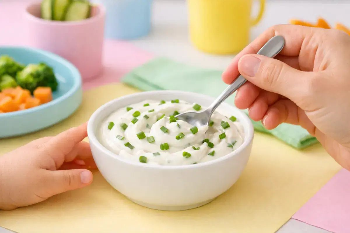 Step 5: A small bowl of plain white yogurt with chopped green chives being stirred with a spoon