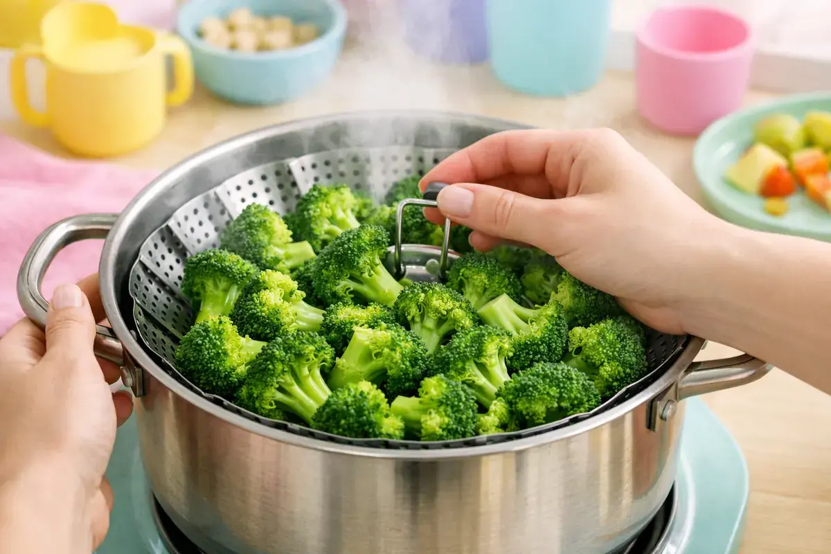 Step 1: Bright green broccoli florets in a steamer basket over a pot with steam rising