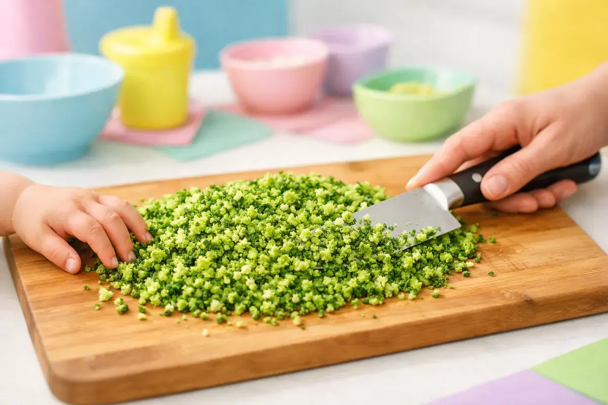 Step 2: Very finely chopped bright green broccoli on a wooden cutting board with a chef knife