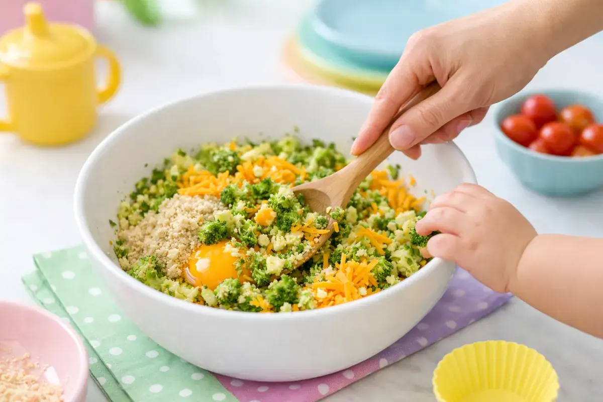 Step 3: Chopped broccoli, shredded cheddar, breadcrumbs and an egg being mixed in a bowl