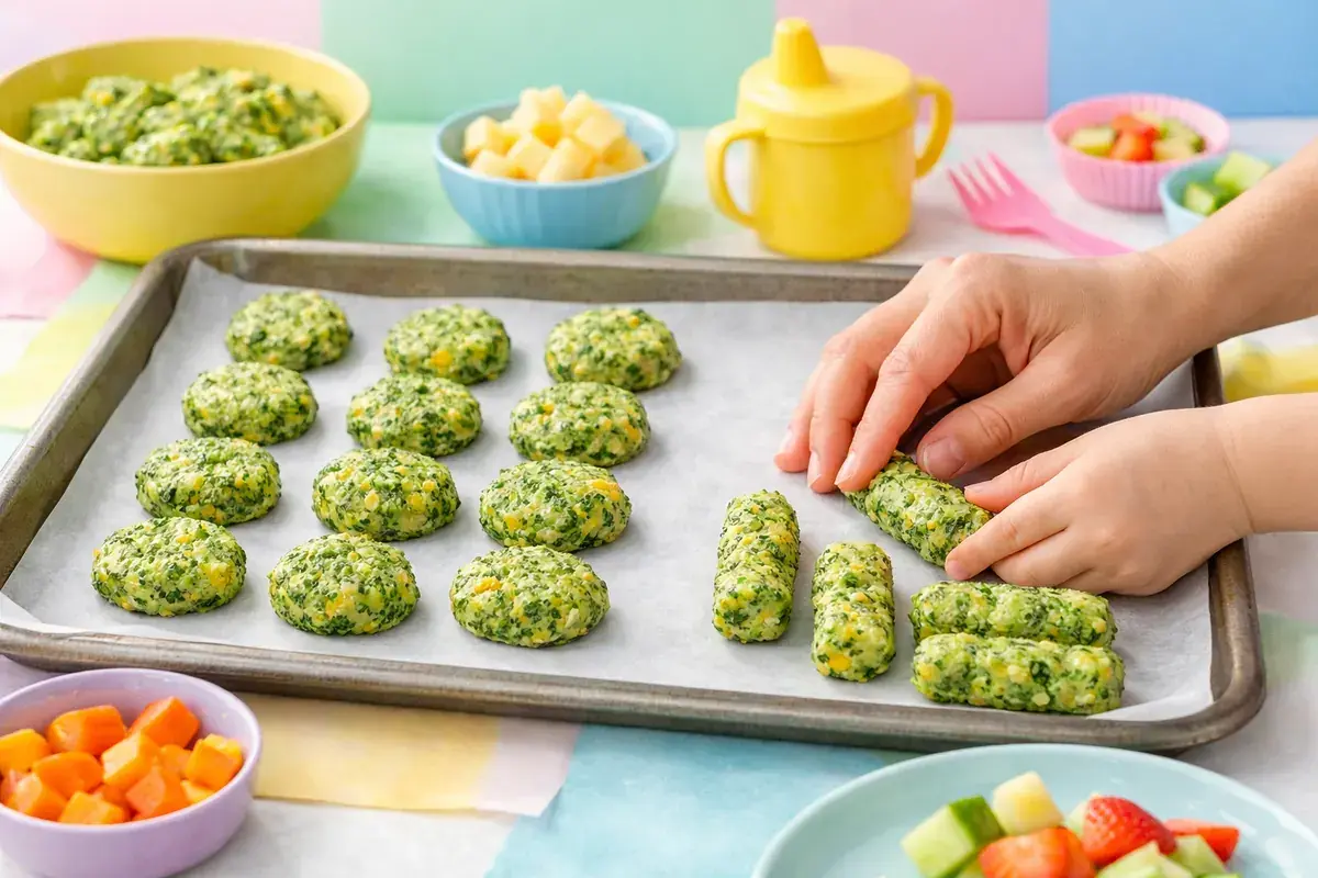 Step 4: Small green broccoli cheese patties and logs being shaped on a parchment lined baking sheet