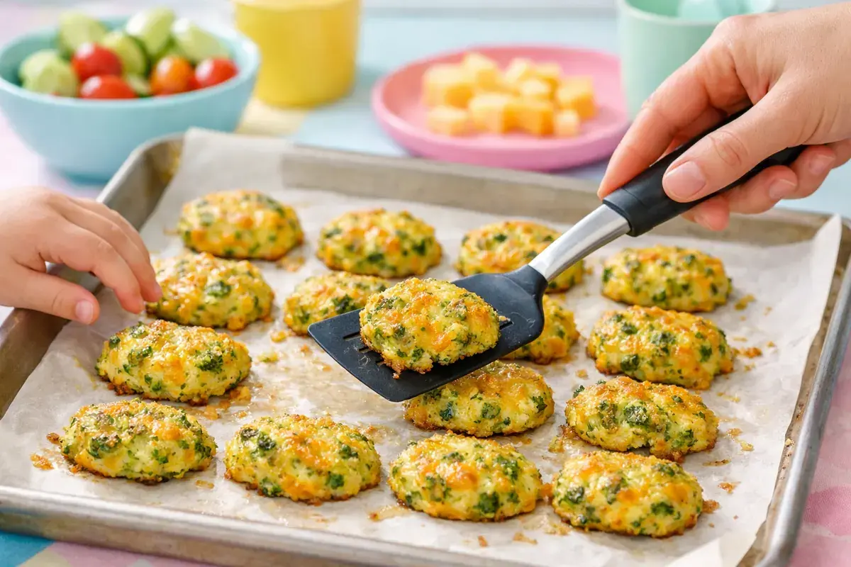 Step 5: Golden cheesy broccoli bites on a baking sheet being flipped with a spatula