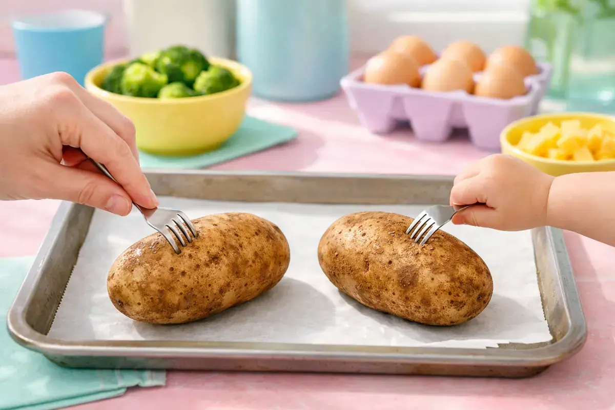 Step 1: Two scrubbed russet potatoes being pricked with a fork on a baking tray on a pastel kitchen counter