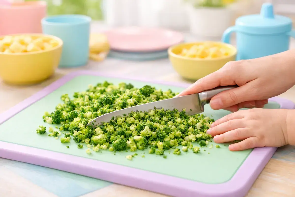 Step 2: Soft steamed broccoli florets being finely chopped on a pastel cutting board