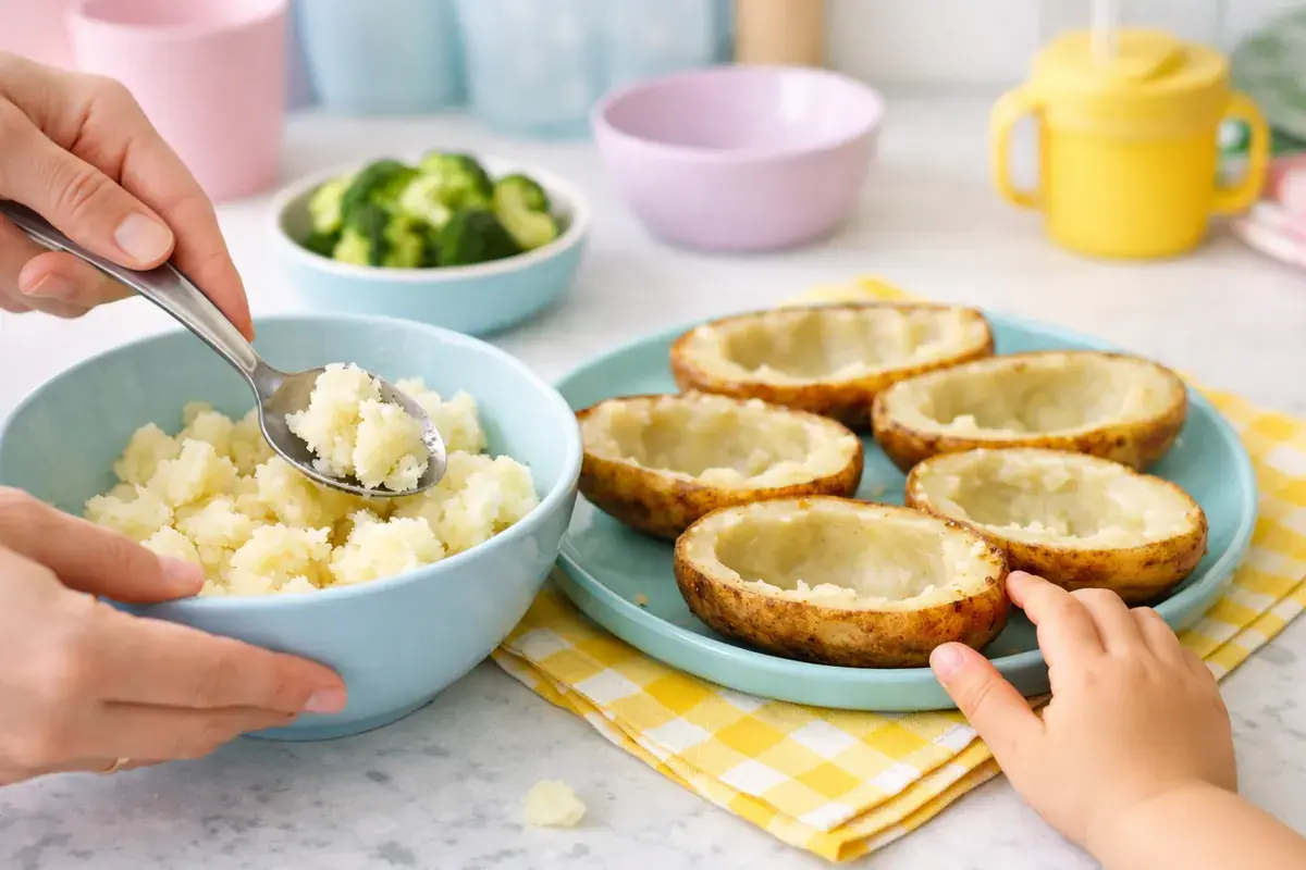Step 3: Baked potato halves being scooped out with a spoon into a bowl, leaving the potato skins as boats