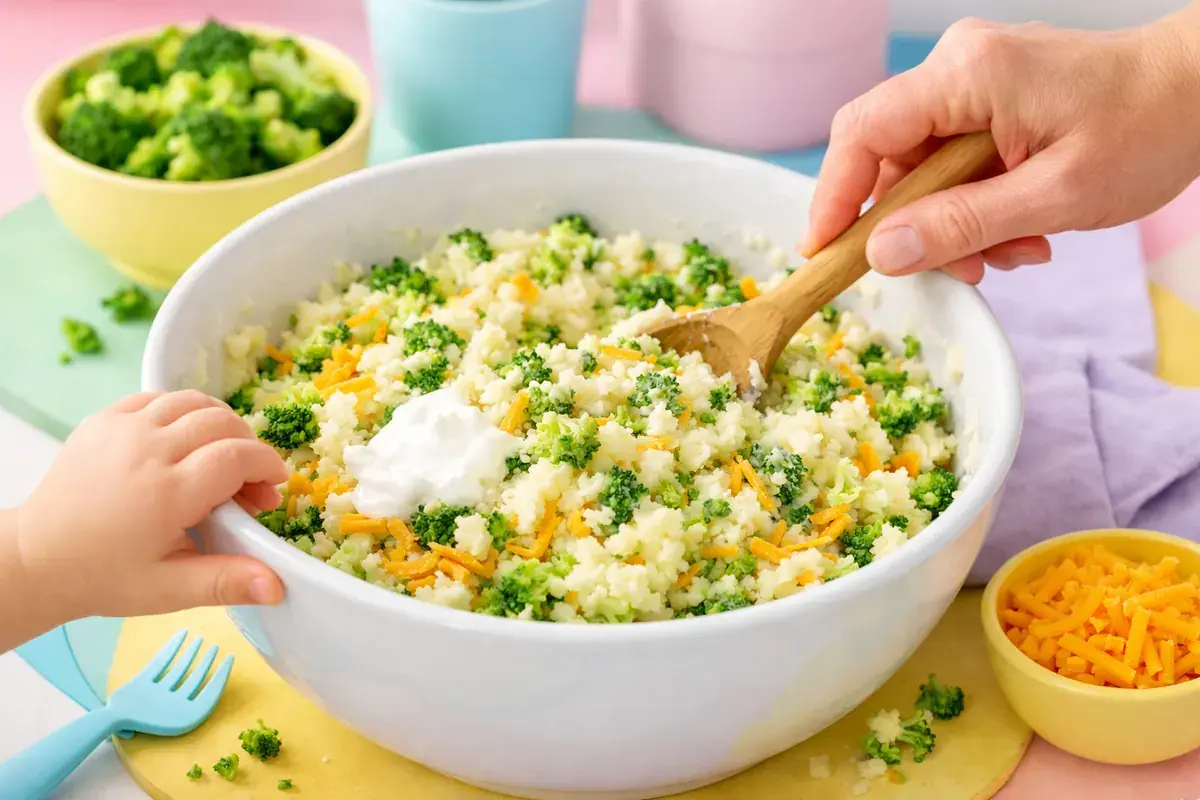 Step 4: Mashed potato being mixed with chopped green broccoli, shredded cheddar and yogurt in a mixing bowl