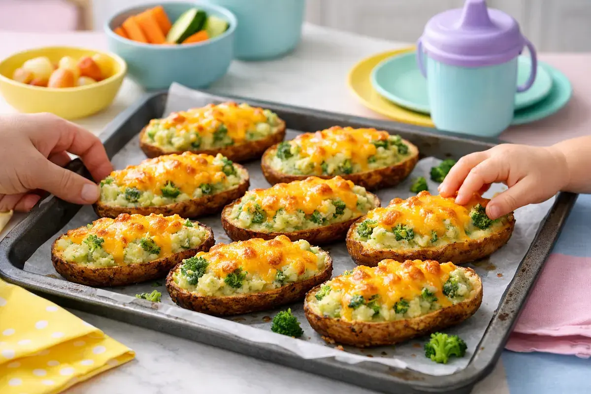 Step 5: Potato skin boats filled with cheesy broccoli mashed potato and topped with melted golden cheddar on a baking tray