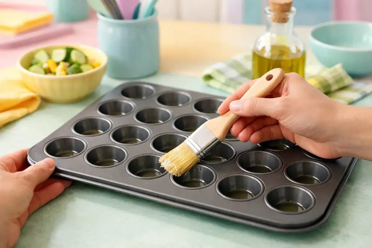 Step 1: A 24-cup mini muffin tin being brushed with olive oil using a pastry brush on a pastel kitchen counter