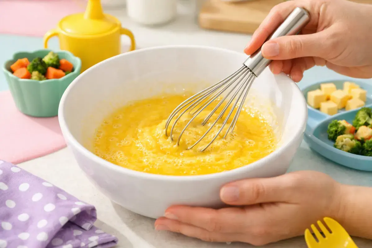 Step 2: Two eggs being whisked until smooth in a large white mixing bowl