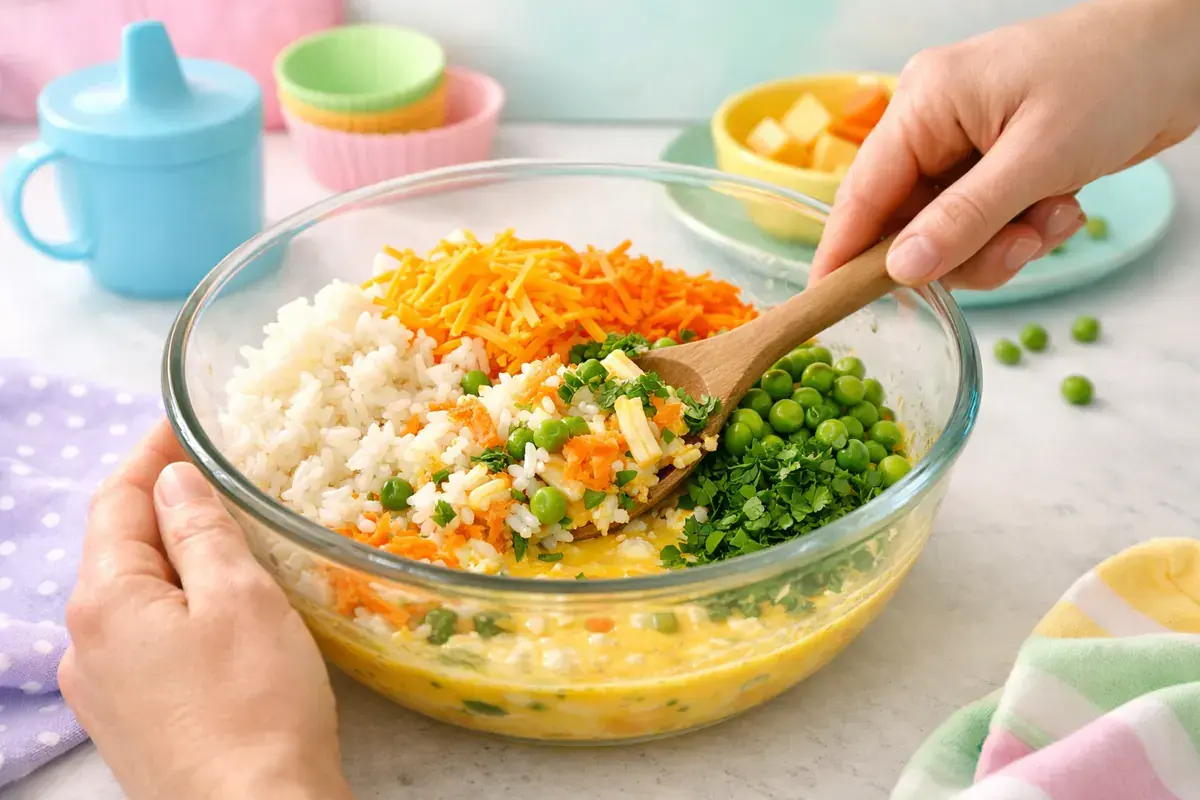 Step 3: Cooked white rice, shredded orange cheddar, grated carrot, green peas and chopped parsley being stirred into whisked egg in a mixing bowl