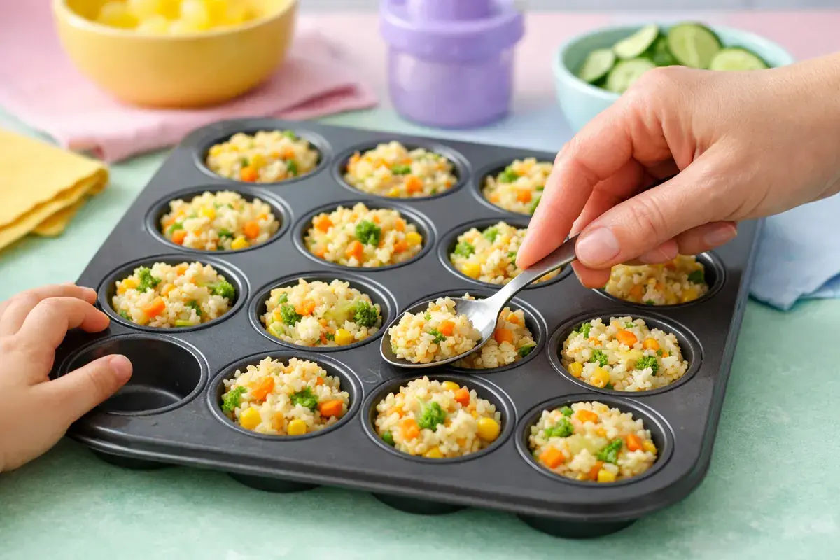 Step 4: A spoon pressing a cheesy rice and vegetable mixture into the cups of a mini muffin tin