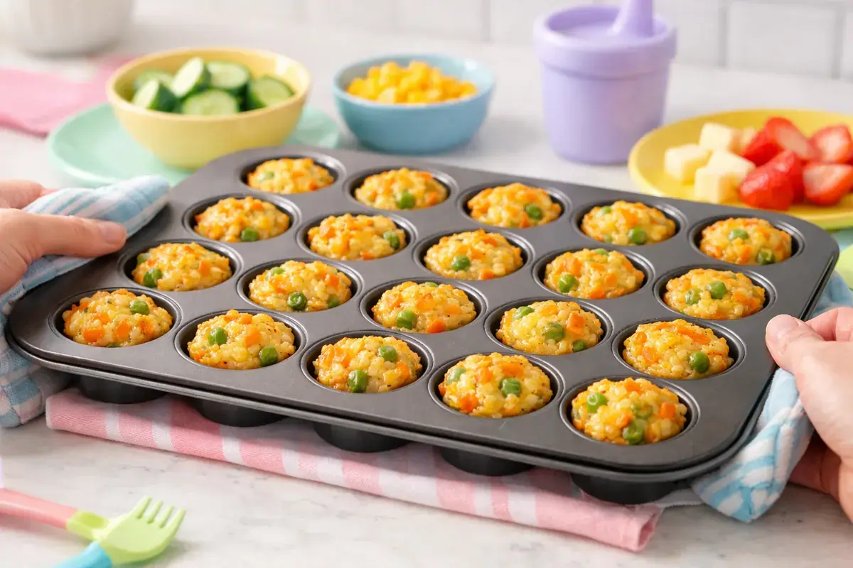 Step 5: Golden baked cheesy rice bites with flecks of orange carrot and green peas in a mini muffin tin fresh from the oven
