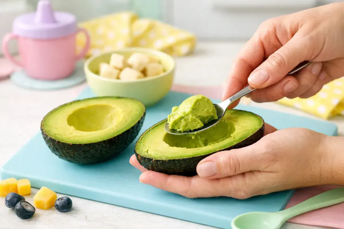 Step 1: A ripe avocado halved with its pit removed, green flesh being scooped with a spoon