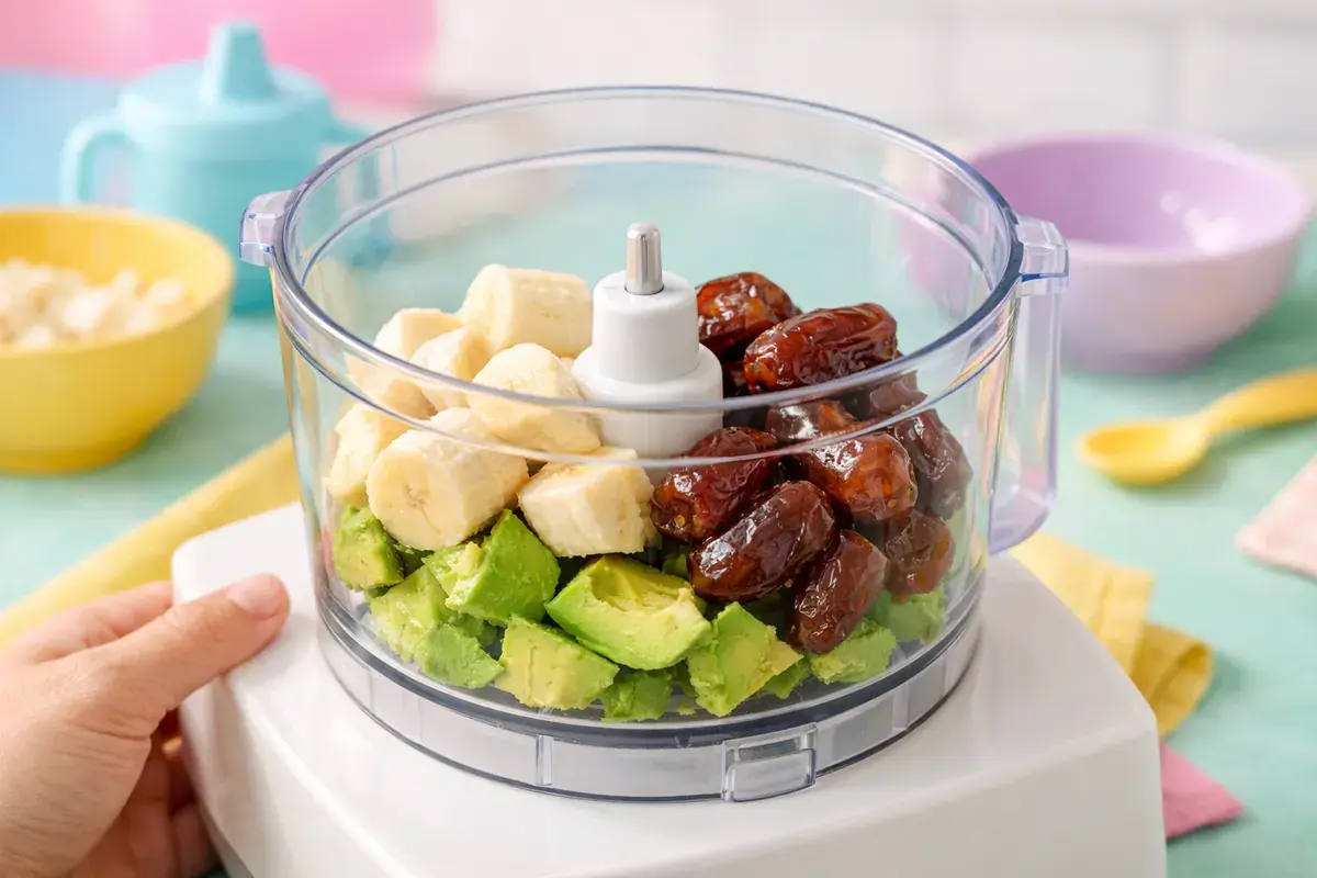 Step 2: Avocado, banana chunks and soft pitted dates inside a food processor bowl