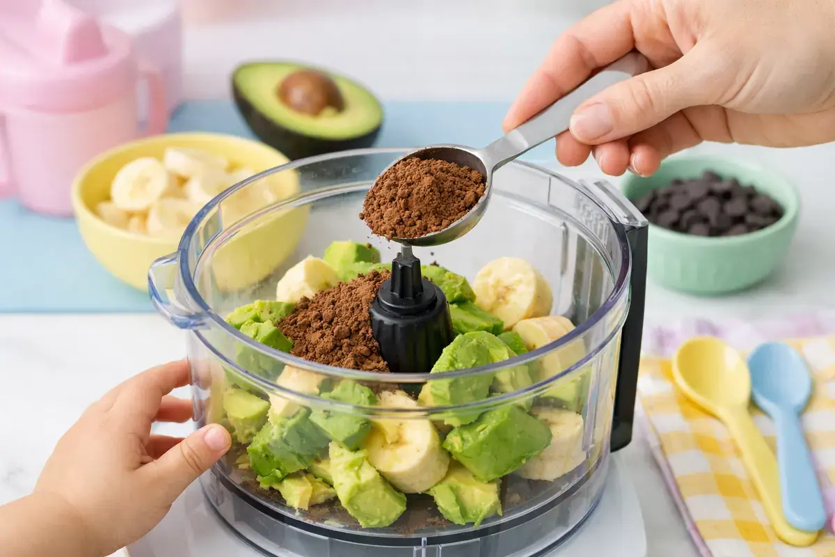 Step 3: Unsweetened cocoa powder being spooned into a food processor with avocado and banana