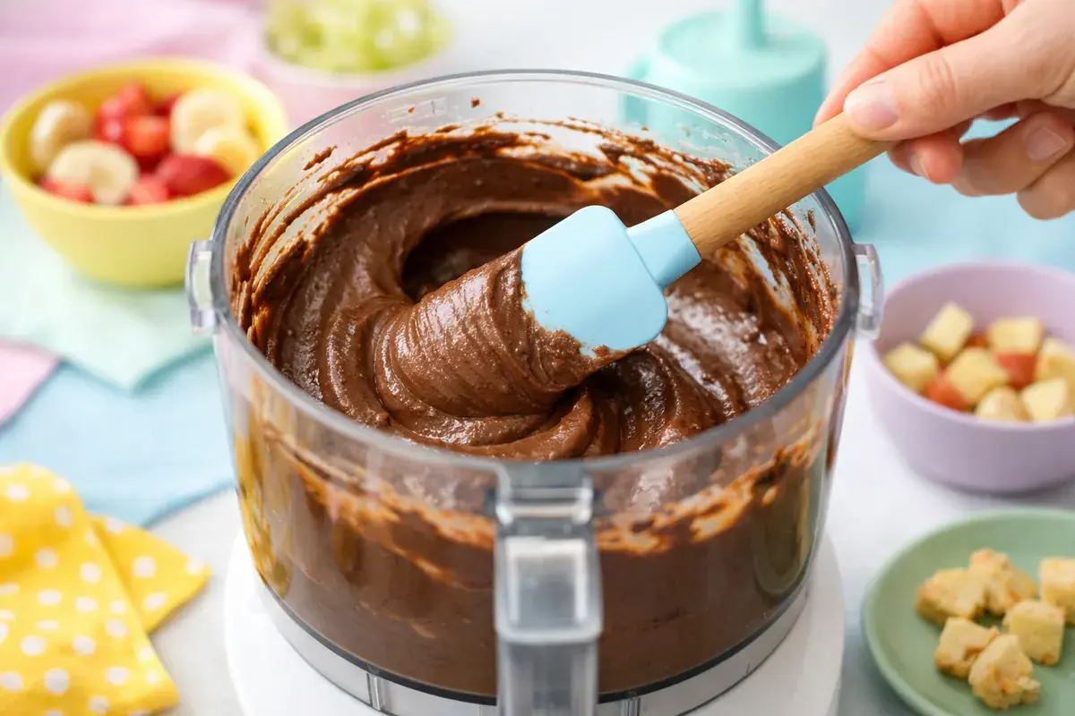 Step 4: Rich silky chocolate pudding being scraped down the sides of a food processor with a spatula