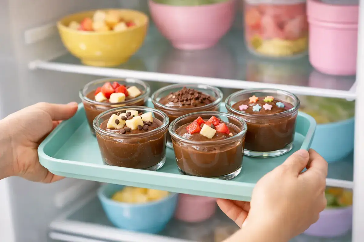 Step 5: Small glass cups filled with chocolate avocado pudding on a tray going into a refrigerator