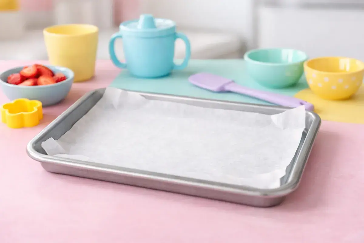 Step 1: A small baking sheet lined with parchment paper on a pastel countertop