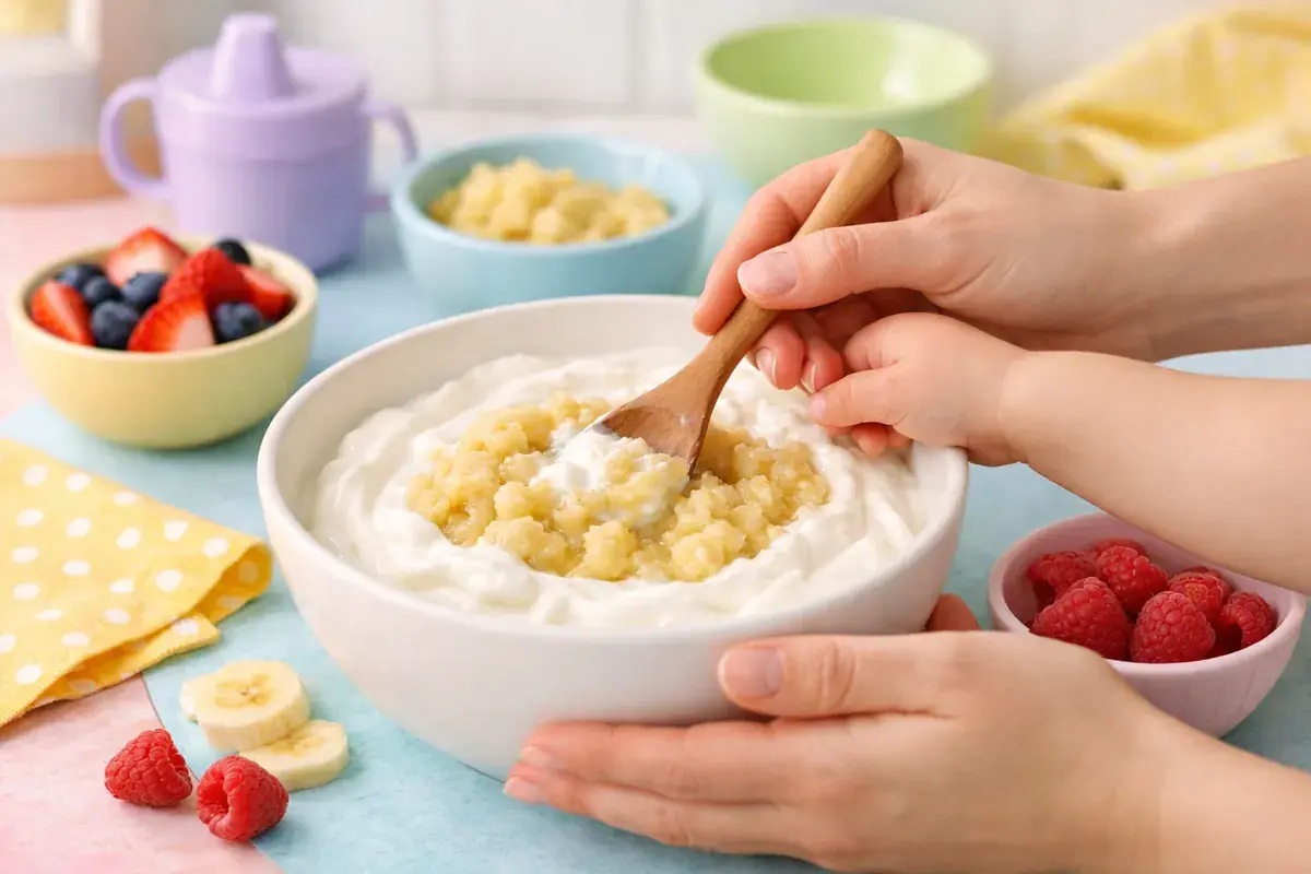 Step 2: Mashed banana being stirred into a bowl of thick white greek yogurt