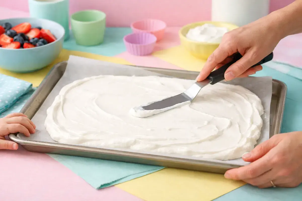 Step 3: Thick greek yogurt being spread evenly over parchment paper on a tray with an offset spatula