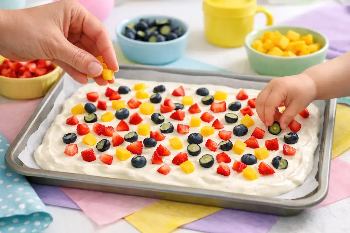 Step 4: Small diced strawberries, small diced mango and blueberries that are each cut in half with their pale green insides showing, being scattered over a tray of spread yogurt (no whole blueberries anywhere in the image)