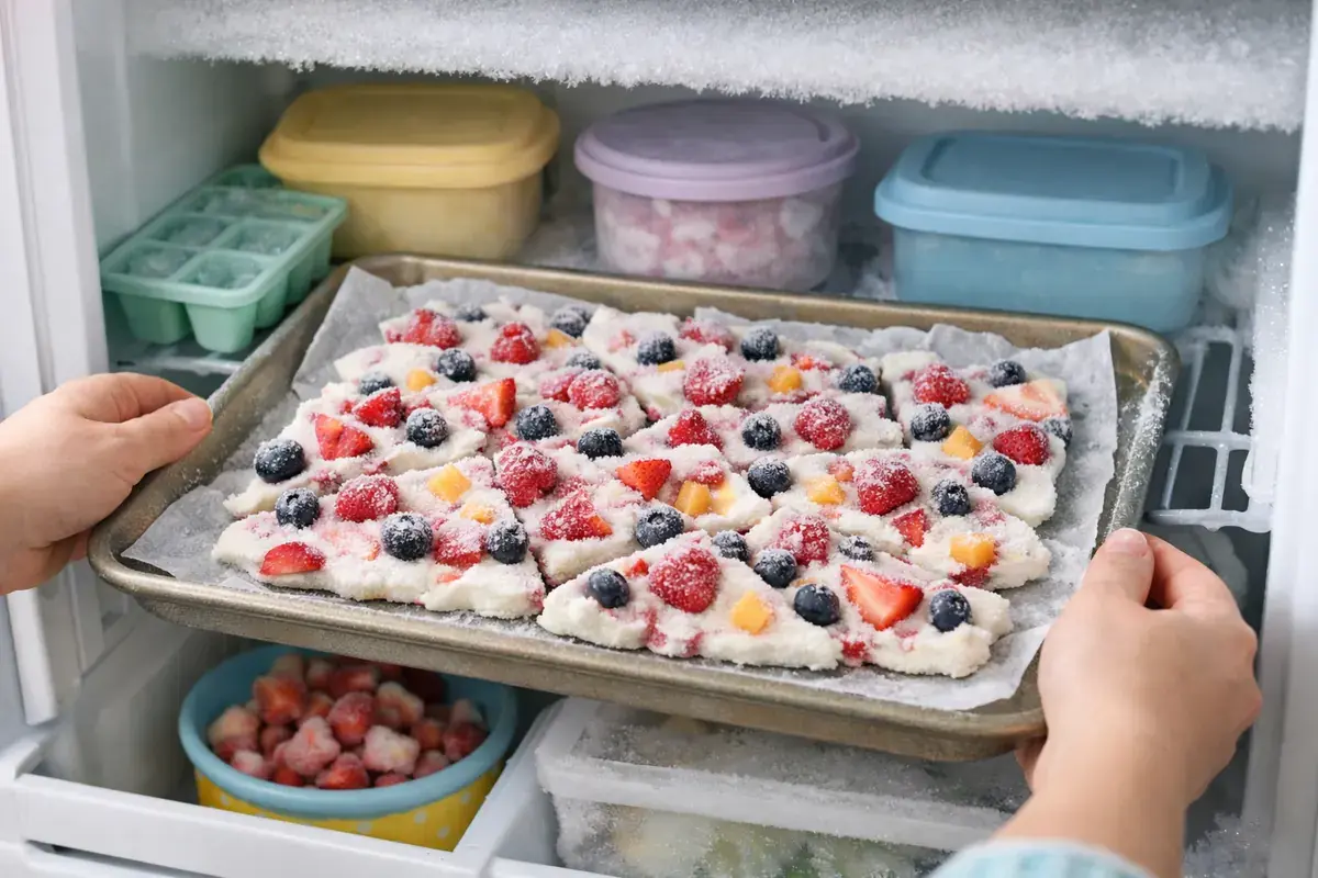Step 5: A tray of frozen yogurt berry bark inside a freezer, frosty and firm