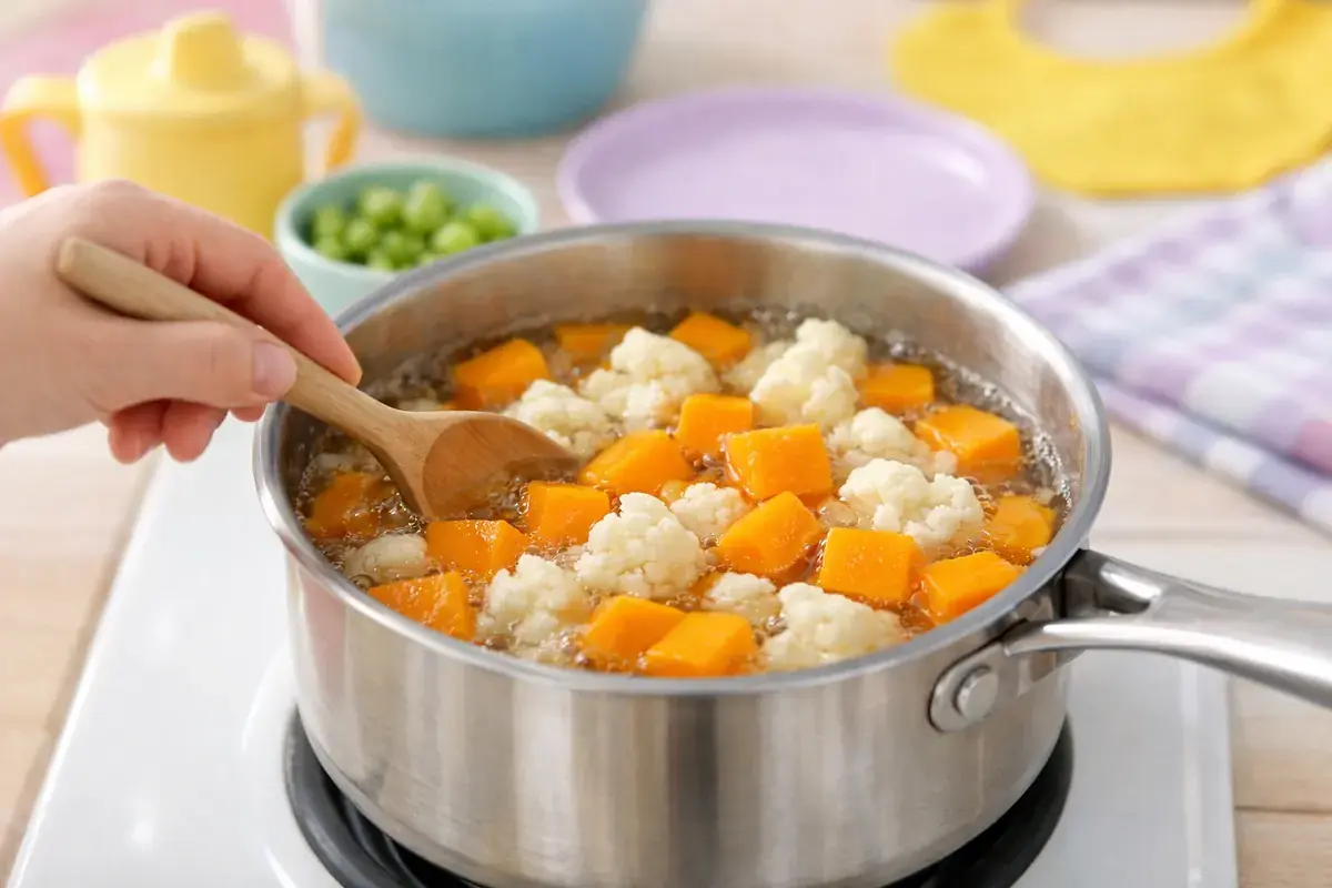 Step 1: Cubes of butternut squash and cauliflower florets simmering in a pot of boiling water