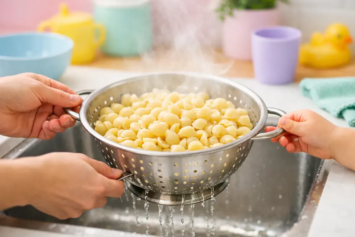 Step 2: Small pasta shells being drained in a colander in a sink, steam rising