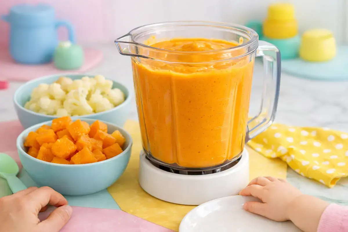 Step 3: Bright orange smooth vegetable sauce in a blender jar next to cooked butternut squash and cauliflower