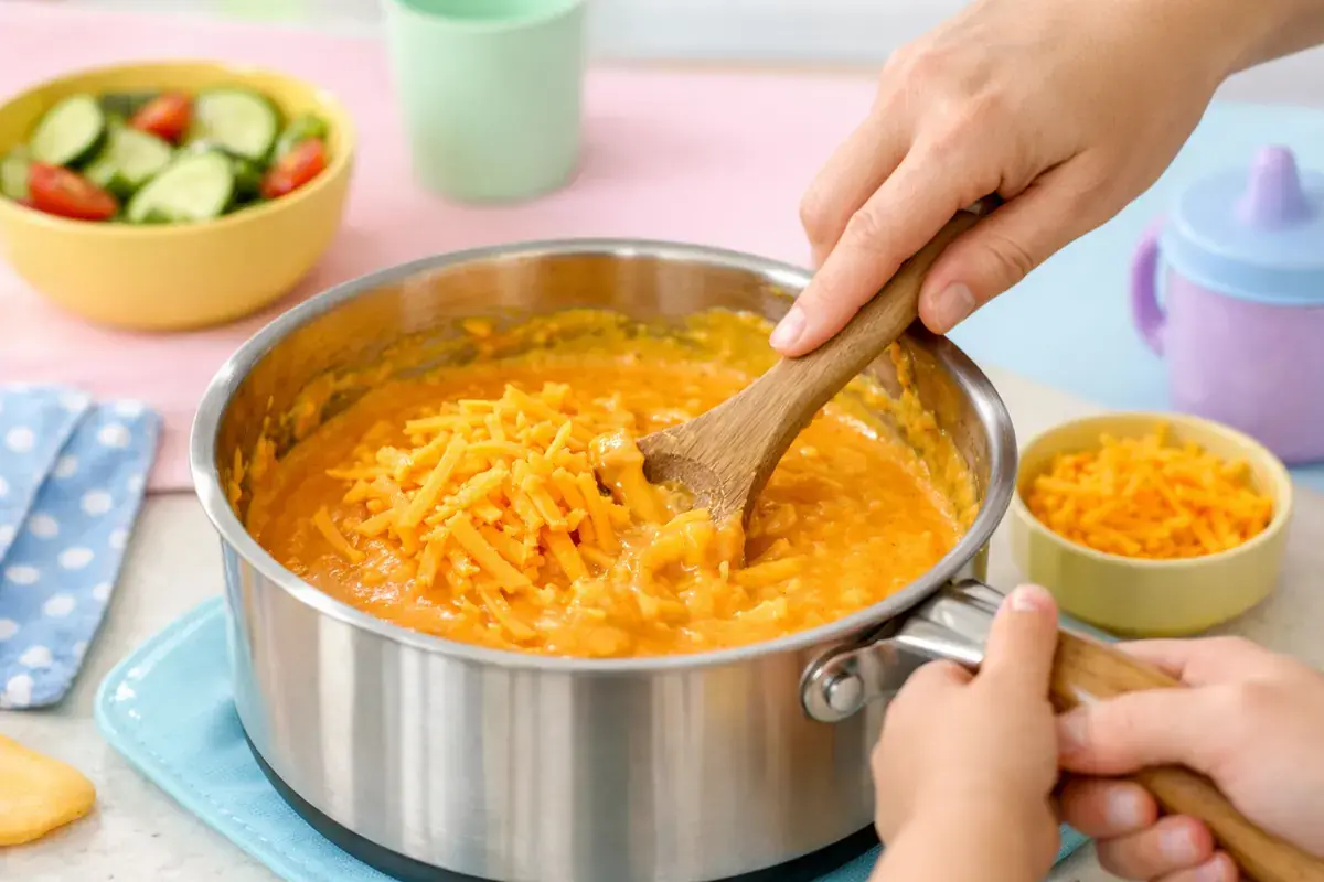 Step 4: Shredded cheddar being stirred into a creamy bright orange sauce in a saucepan