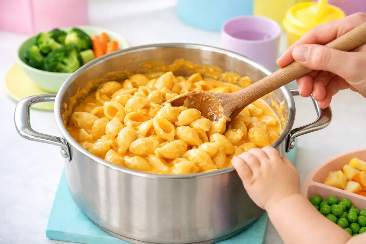 Step 5: Pasta shells being folded into creamy orange cheese sauce in a pot with a wooden spoon