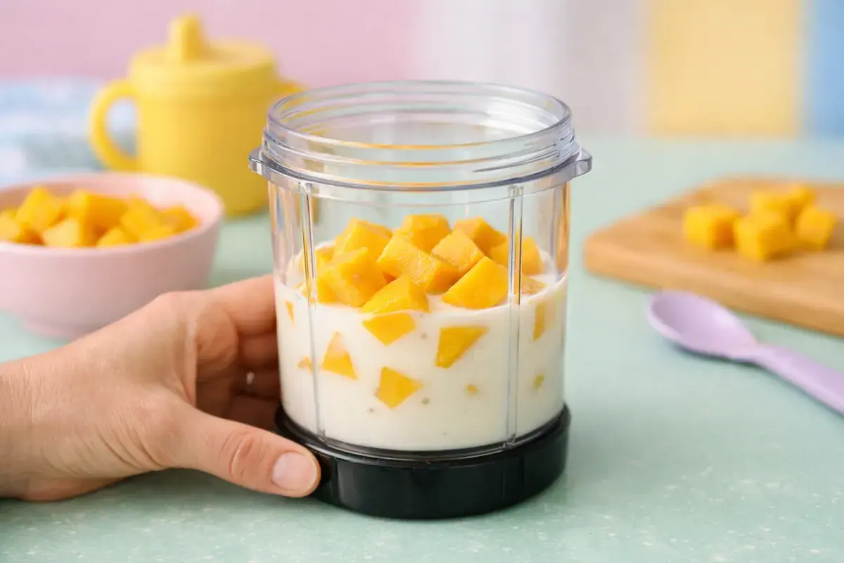 Step 1: A single photo of a small blender jar holding chunks of ripe mango and milk, on a pastel kitchen counter; one scene only, not a split image or collage