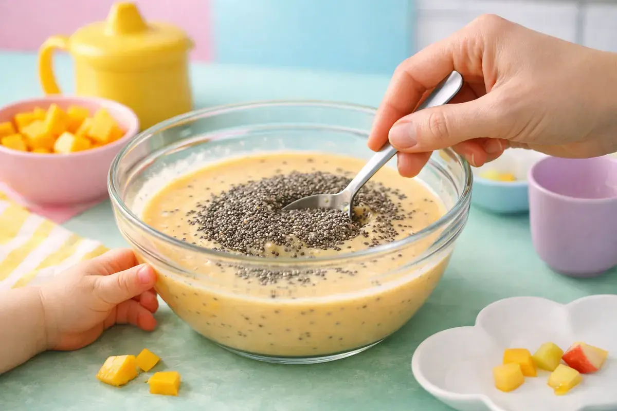 Step 2: Chia seeds being stirred into pale orange mango milk in a glass bowl with a spoon