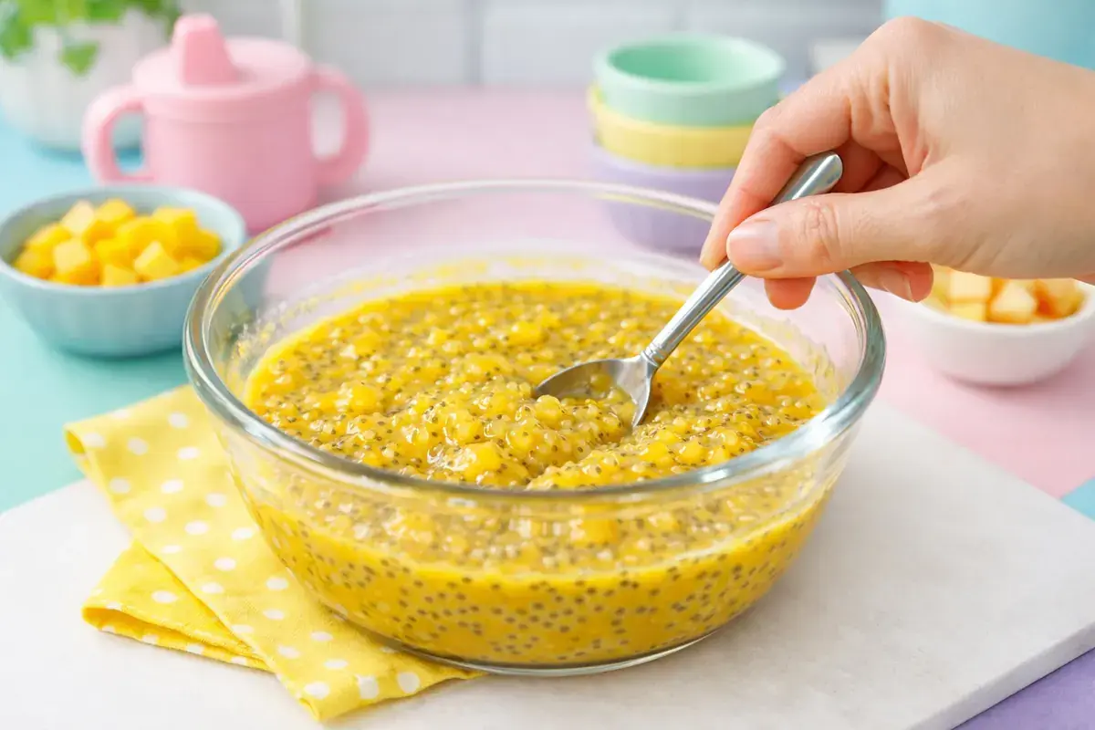 Step 3: A spoon stirring mango chia mixture in a glass bowl to break up clumps of seeds