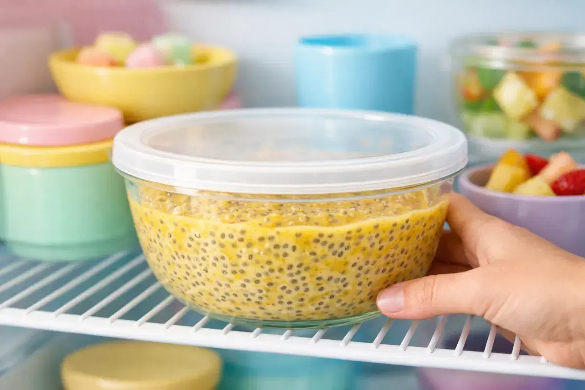 Step 4: A covered glass bowl of thick mango chia pudding on a refrigerator shelf