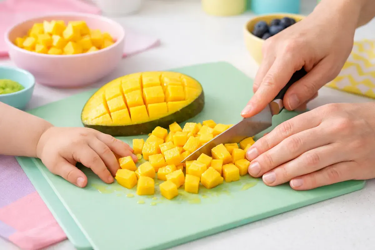 Step 5: Ripe mango being cut into small soft cubes on a pastel cutting board